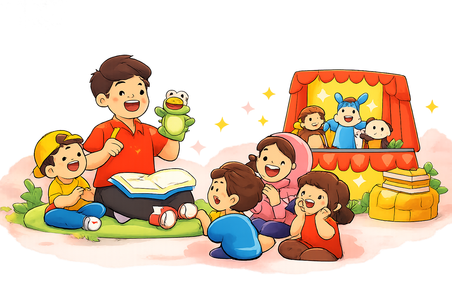 Ilustrasi pendongeng membacakan cerita untuk anak-anak Indonesia